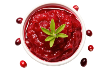 Cranberry sauce isolated on white transparent background, PNG. Thanksgiving holiday red sauce top view