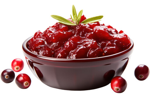 Cranberry sauce isolated on white transparent background, PNG. Thanksgiving holiday red sauce closeup