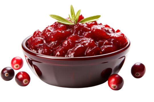 Cranberry sauce isolated on white transparent background, PNG. Thanksgiving holiday red sauce closeup