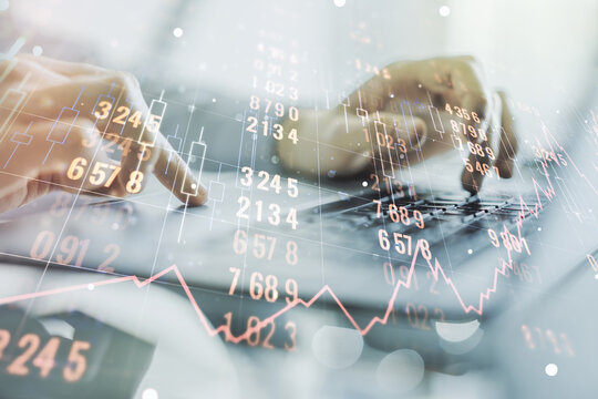 Multi exposure of abstract graphic data spreadsheet sketch with hands typing on computer keyboard on background, analytics and analysis concept