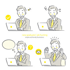 パソコンで作業をするスーツの男性　セット　シンプルでお洒落な線画イラスト