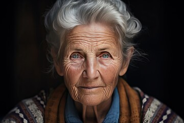 World Senior Citizens Day. International Day of Older Persons. Portrait of senior elderly retired woman with gray hair and wrinkles