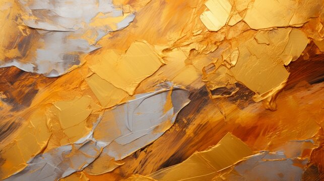 Closeup of an abstract rough gold art painting texture with different colors. Watercolor abstract patchwork painting in different shades. Generative AI.