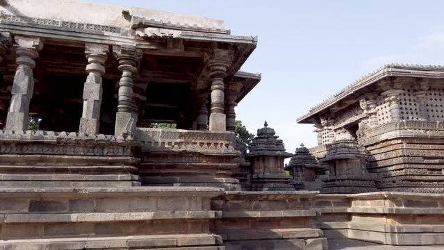Belur, Karnataka, India-June 17 2023; A Magnificent stone temple built in Hoysala architecture and dedicated to  Shiva or Hoysaleswara God at Halebeedu near Hassan in Karnataka, India.
