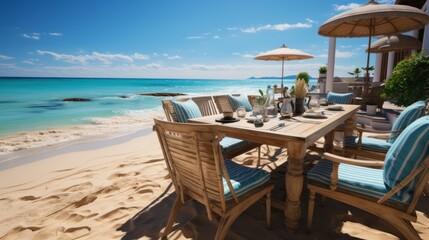 Photorealistic shot of chairs and dining table on beach and sea with blue sky