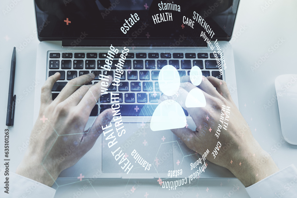 Poster creative abstract people icons hologram and hands typing on computer keyboard on background, life an