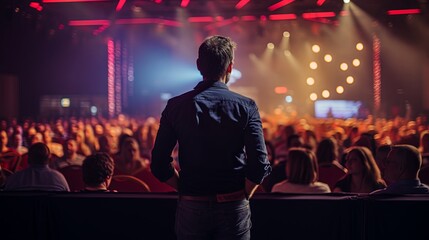 businessman standing hand rise asking question in midddel of seminar convention hall question request from businesman conference attending,ai generate