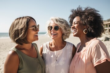 a photo of three diverse middle-aged mature women in modern stylish clothes smiling, on a vacation at the seaside or beach, mature friendship representation.