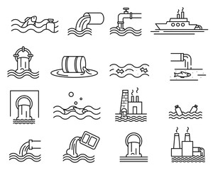 Waste water and sewage line icon set. Pollution line icon. Water treatment icon set. Editable stroke.