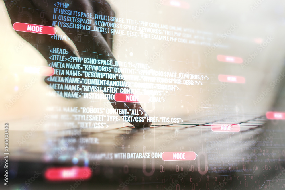 Fototapete Double exposure of abstract programming language hologram with hands typing on laptop on background, research and development concept
