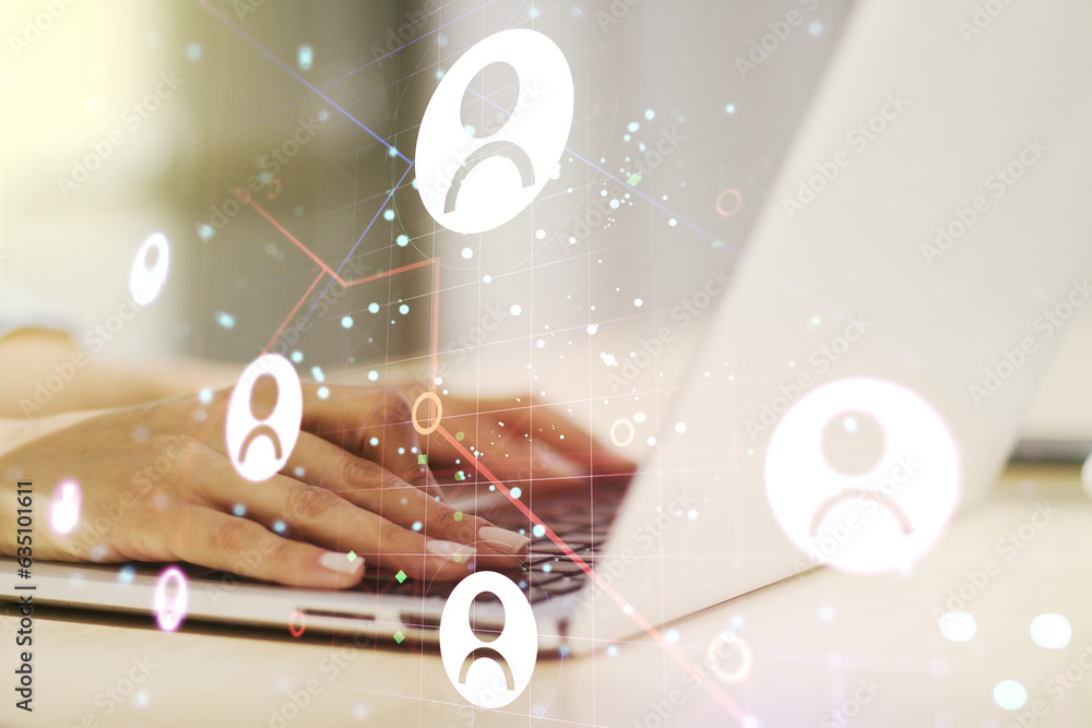 Poster Social network media concept with hands typing on computer keyboard on background. Double exposure