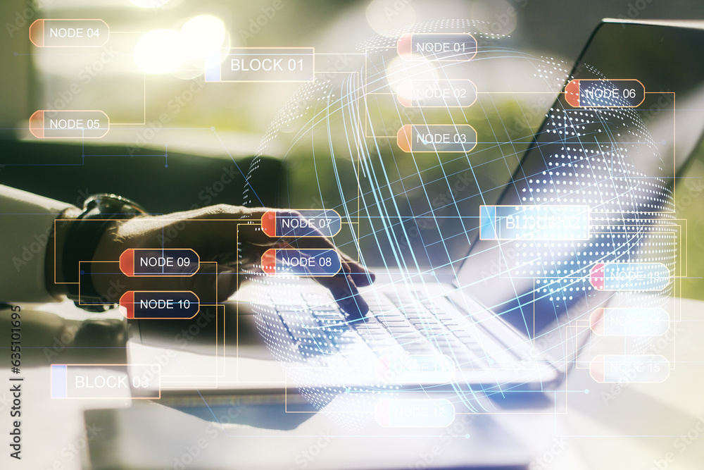 Poster Double exposure of abstract programming language hologram with world map and hands typing on laptop on background, research and development concept