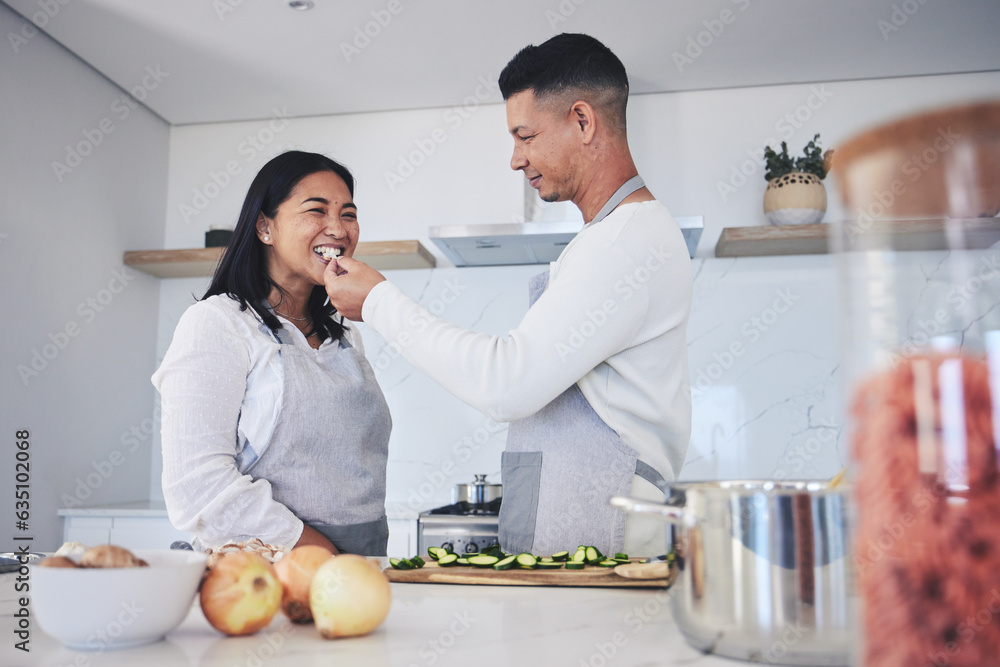 Sticker Feeding, cooking and love with couple in kitchen for food, health and lunch recipe. Happy, nutrition and dinner with man and woman cutting vegetables at home for diet, wellness and romance together