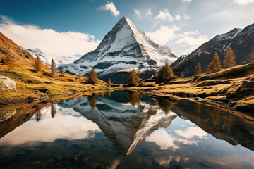 Golden hour on a calm mountain lake with perfect reflection