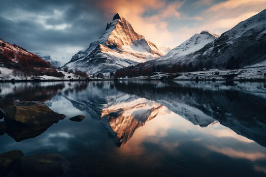sunrise over the mountains reflected in a lake