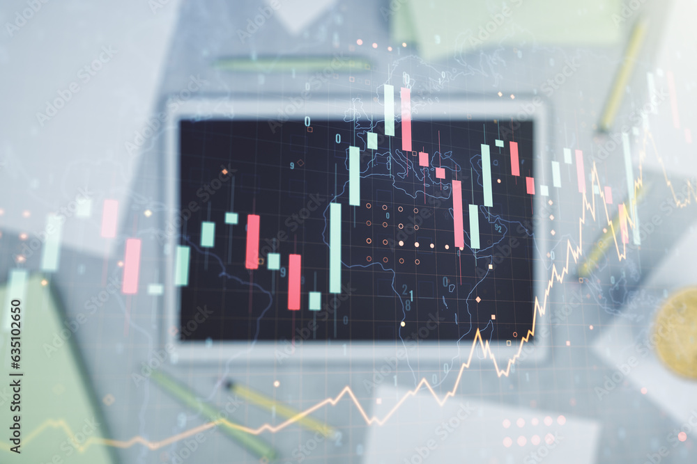 Poster multi exposure of abstract creative financial graph with world map and modern digital tablet on back