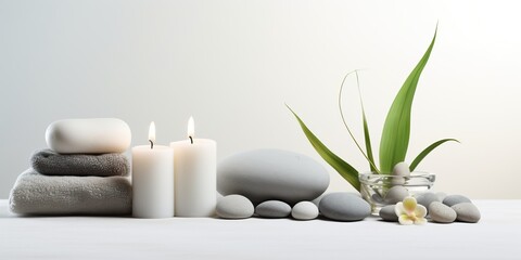 Obraz na płótnie Canvas Set of white towels, scented candles and accessories for spa treatments on white background. Zen stones.