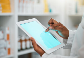 Green screen, pharmacist or hands with tablet mockup space for inventory inspection or stock check at pharmacy. Closeup of medical website or healthcare worker with technology app display in clinic - obrazy, fototapety, plakaty