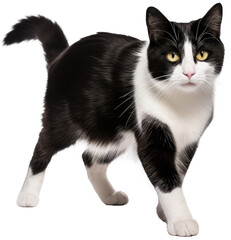 Cute walking black-and-white cat isolated on a white background as transparent PNG, animal