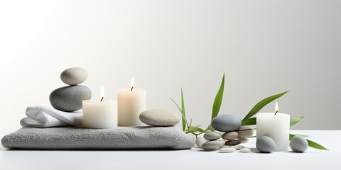 Obraz na płótnie Canvas Set of white towels, scented candles and accessories for spa treatments on white background. Zen stones.