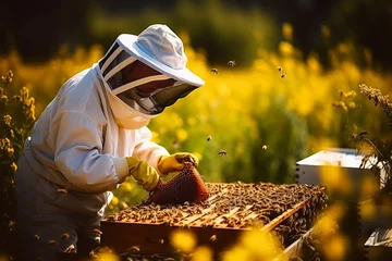 Foto op Aluminium a professional beekeeper wearing a protective clothing and veil taking care of his bee hive in the rural setting, harvesting honey © Romana