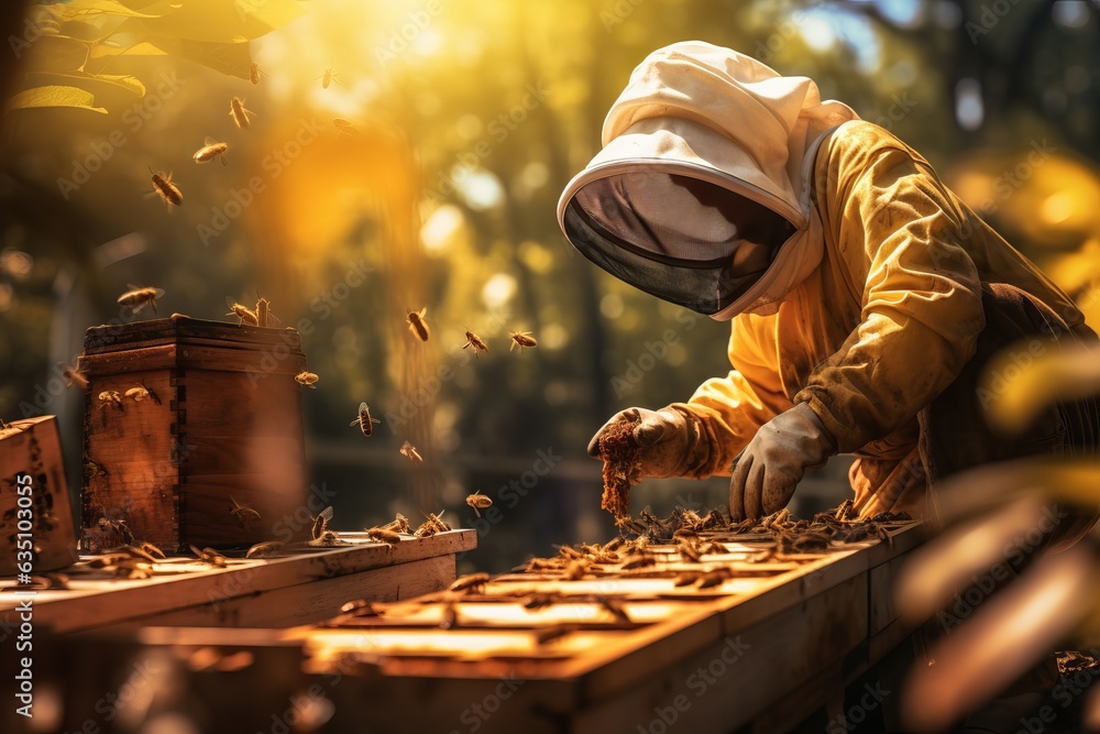 Wall mural a professional beekeeper wearing a protective clothing taking care of his bee hive in the urban sett - Wall murals