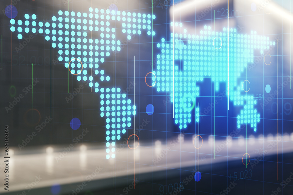 Poster multi exposure of abstract graphic world map on blurry contemporary office building background, big 