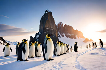 Penguin colony animals. Flock of Humboldt Penguins. Generative AI - obrazy, fototapety, plakaty