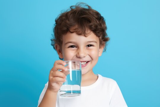 Cute little boy drinking water from glass on blue bg