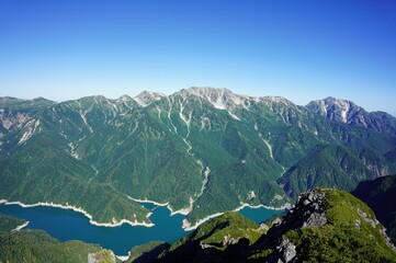 針ノ木岳から望む黒部湖と立山連峰