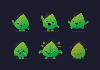 set of leaf element character mascot funny and cute