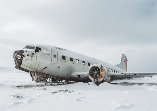 Crashed airplane wreck in the snow