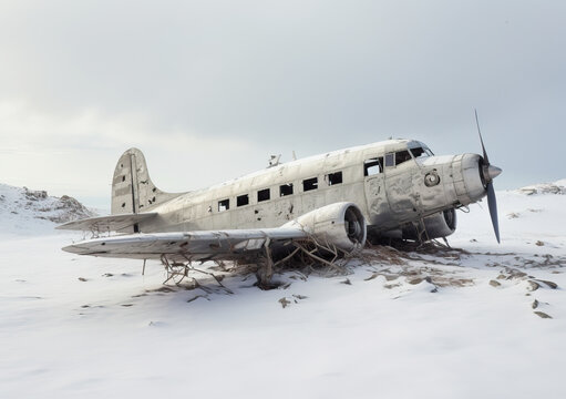 Crashed airplane wreck in the snow