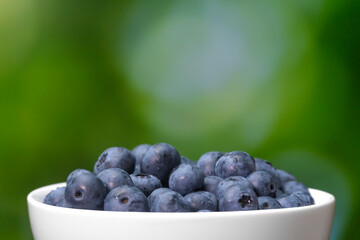 Close-up of a white bowl with blueberries on a blurry green background, macro photography