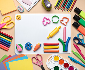school accessories on beige background top view