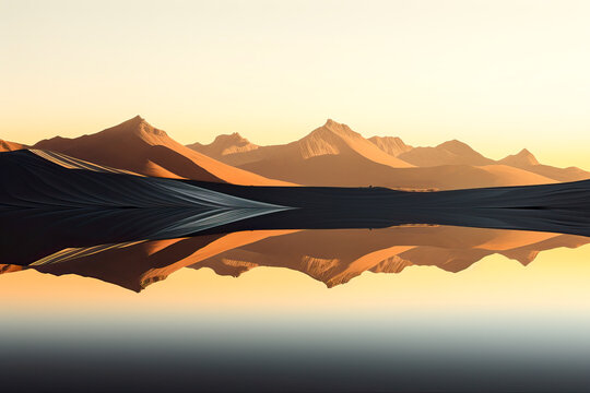 Desert dunes reflecting on a calm lake during sunrise