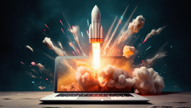 Innovative startup launch. Rocket soars from laptop screen. Turning ideas into success with technology and creativity. Embrace the future of business growth and cyberspace expansion.