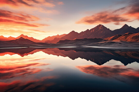 Calm mountain lake reflecting the sunset in the mountains