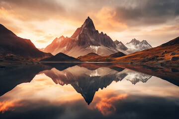 sunset in the mountains at a calm lake reflecting the peaks