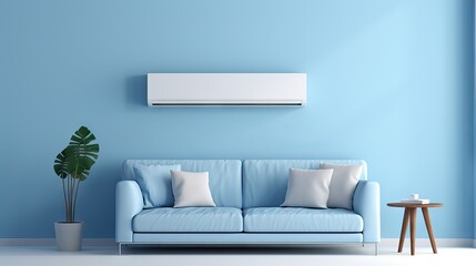 A comfortable living room, kept cool and inviting by a wall-mounted air conditioner, where a family can enjoy summer without suffering from the heat. Generative AI - obrazy, fototapety, plakaty