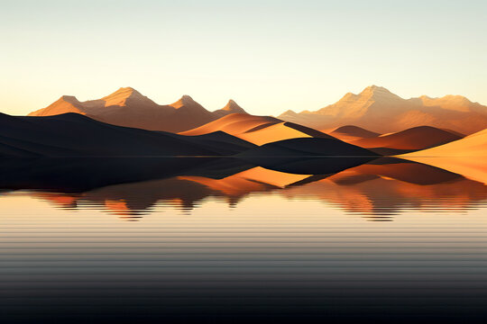 Desert dunes reflecting on a calm lake during sunset