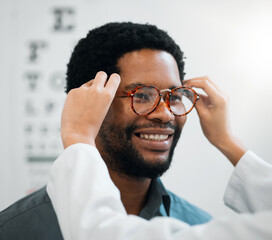 Black man, glasses and hands, vision and eye care, test and optometry with health and smile....