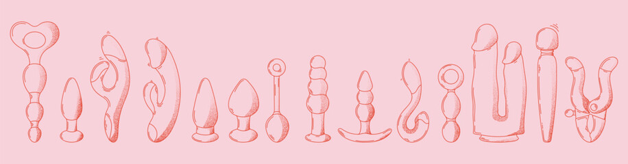 Outline sex toys. Red erotic set on a pink background. Hand drawn. Textured line art. Modern style.  