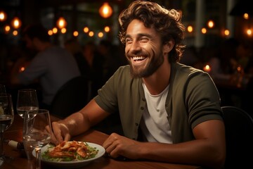 A young man enjoying a food at a restaurant. ai
