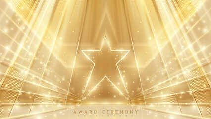 Luxury award ceremony stage scene with gold star frame elements and glitter light effects decorations with bokeh. Elegant background design concepts. Vector illustration.