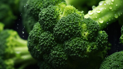 Closeup beautiful texture of fresh juicy broccoli with water drops.vegetable background.healthy eating with organic food ingredient.generative ai technology. 
