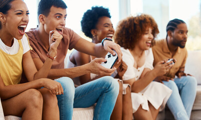 Excited friends together on couch, video game fun and relax in home living room playing with controller. Online gaming, virtual esports app and sofa, happy group of gamer men and women in apartment.