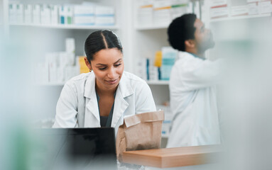 Fototapeta premium Pharmacist, people and paper bag for medicine, stock inventory and retail management by help desk. Medical worker or doctor in pharmacy, drugs or product packaging for customer service in healthcare