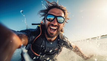 Riding the waves. Smiling kitesurfing in the ocean. Experience the thrill of extreme sport, active freedom, and joyful fun on the water.