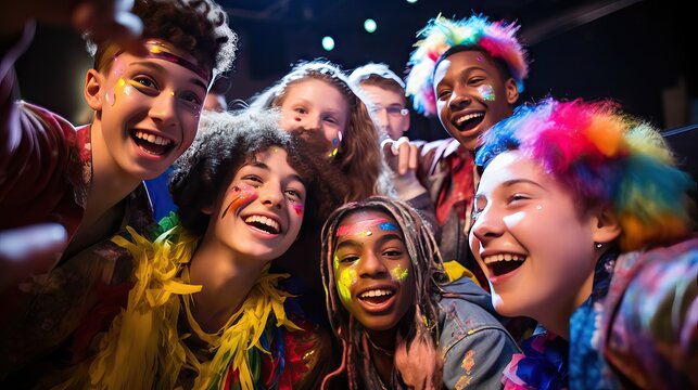 A group of joyful young people having a blast at a party, capturing the moment with a lively group selfie. Generative AI